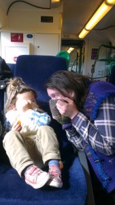 Woody and I play at being shy.